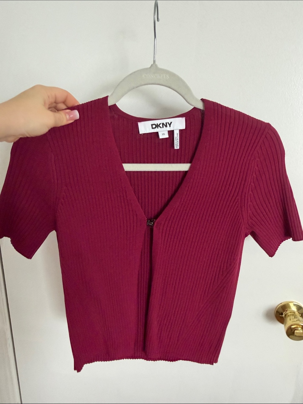 DKNY Short Sleeve Ribbed Zip-Front Top - Raspberry - Picture 11 of 12